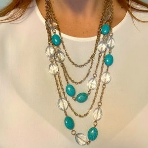 5 chain necklace with turquoise and clear bead detail
